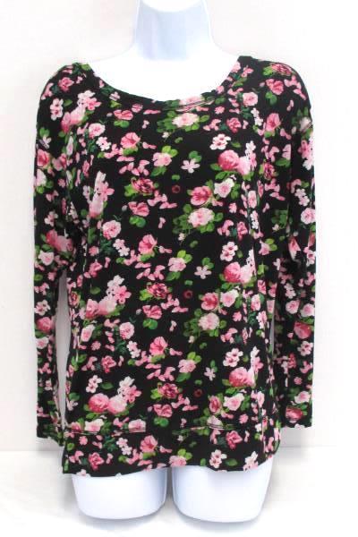 Polly & Esther Size Medium Blouse Top Black w/ Pink Flowers Criss Cross Back