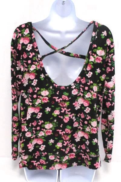 Polly & Esther Size Medium Blouse Top Black w/ Pink Flowers Criss Cross Back