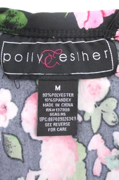 Polly & Esther Size Medium Blouse Top Black w/ Pink Flowers Criss Cross Back