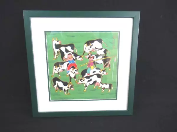 Framed Oil Painting Herd Of Black And White Horned Cows With Oriental Couple