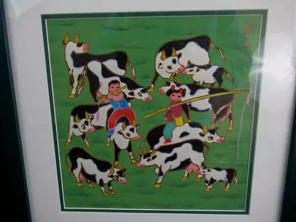 Framed Oil Painting Herd Of Black And White Horned Cows With Oriental Couple