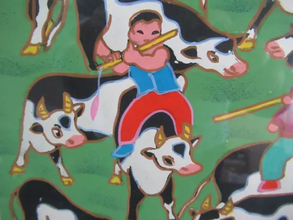 Framed Oil Painting Herd Of Black And White Horned Cows With Oriental Couple