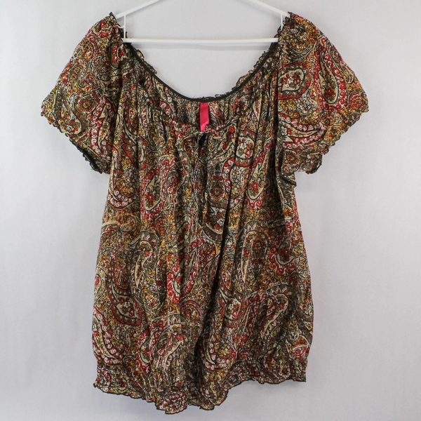 Pure Energy Top Blouse Women's Plus Size 3 Red Green Beige Paisley Short Sleeve 
