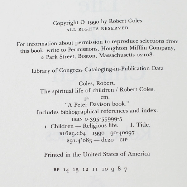 The Spiritual Life of Children by Robert Coles 1990 Hardcover Houghton Mifflin