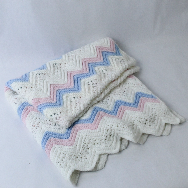 Vintage Handmade Crocheted Baby Blanket Pink Blue White Home Decor Bedding