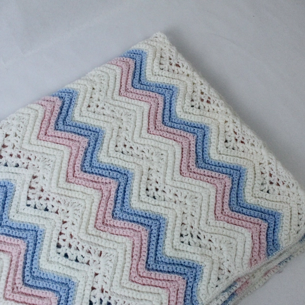 Vintage Handmade Crocheted Baby Blanket Pink Blue White Home Decor Bedding