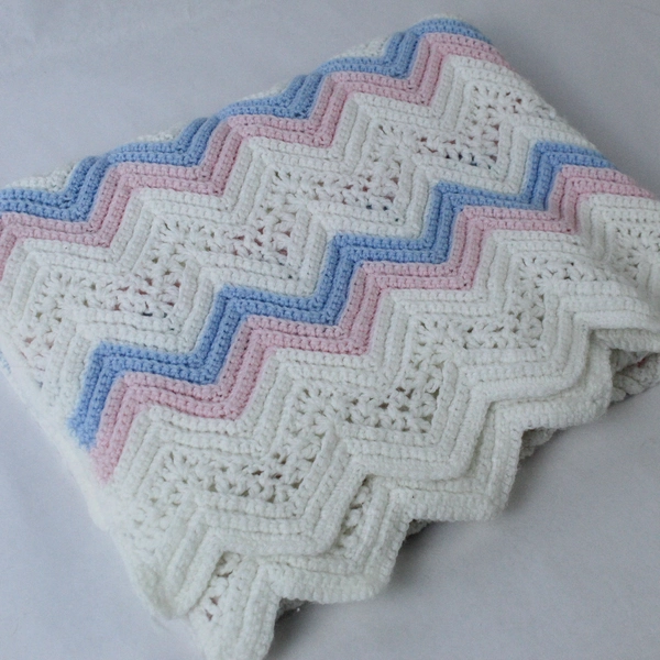 Vintage Handmade Crocheted Baby Blanket Pink Blue White Home Decor Bedding
