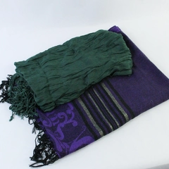 Lot of 2 Pre-Owned Scarves Green Purple Rectangular Fringe Wraps