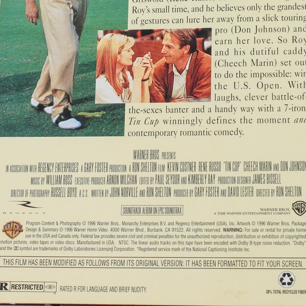 Tin Cup VHS 1996 Warner Bros Kevin Costner Rene Russo Golf Romance