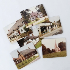 Lot of 6 Vintage Coasters with English Buildings Church & Butcher Shop