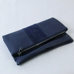 Navy Blue Faux Leather Folding Clutch Bag With Faux Suede Accent Zip Closure