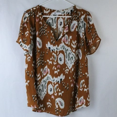 DR2 Shirt Top Blouse Women's XL Brown Green White Short Sleeves