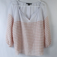 Zac & Rachel Shirt Top Blouse Women's L Orange White Semi Sheer 3/4 Sleeves
