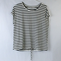 Green Envelope Shirt Top Blouse Women's L Black White Stripes Short Sleeves