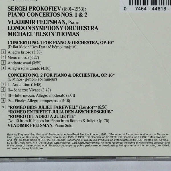 Prokofiev Piano Concertos Nos 1 and 2 Vladimir Feltsman Michael Thomas Audio CD