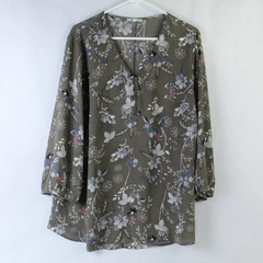 Maurices Women's Blouse Top 1/4 Zip Up Gray Floral 3/4 Sleeve Plus Size 1 