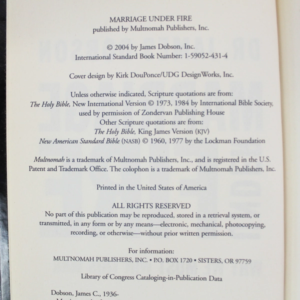 Marriage Under Fire Why We Must Win This Battle by Dr. James Dobson 2004 HC