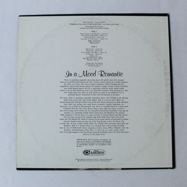 Living Strings Three O'clock In The Morning Vinyl LP RCA Camden CAS-915