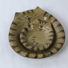 Lot of 2 August Tii Collections Tiger Tabby Cat Dish Plate Trinket Holder Spoon 