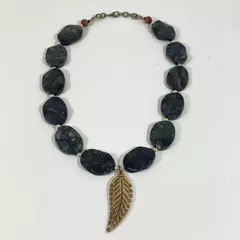 Handmade Vintage Kanbaba Jasper Bead Necklace with Bone Feather 23" Long