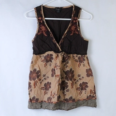 XXI Women's Brown Floral Smock Top Size M 100% Cotton Elastic Bust V Neck 