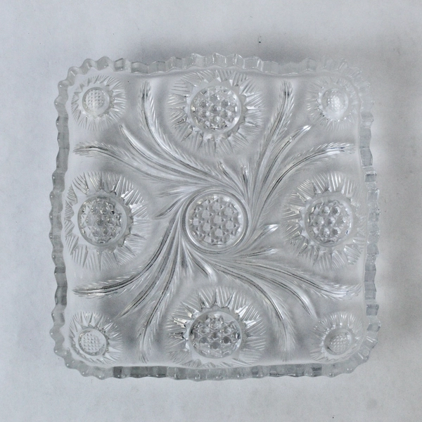 Vintage Square Cut Glass Dish Pinwheel Daisy Pattern Saw Tooth Rim