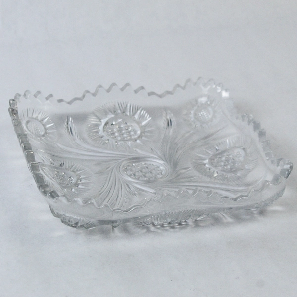 Vintage Square Cut Glass Dish Pinwheel Daisy Pattern Saw Tooth Rim