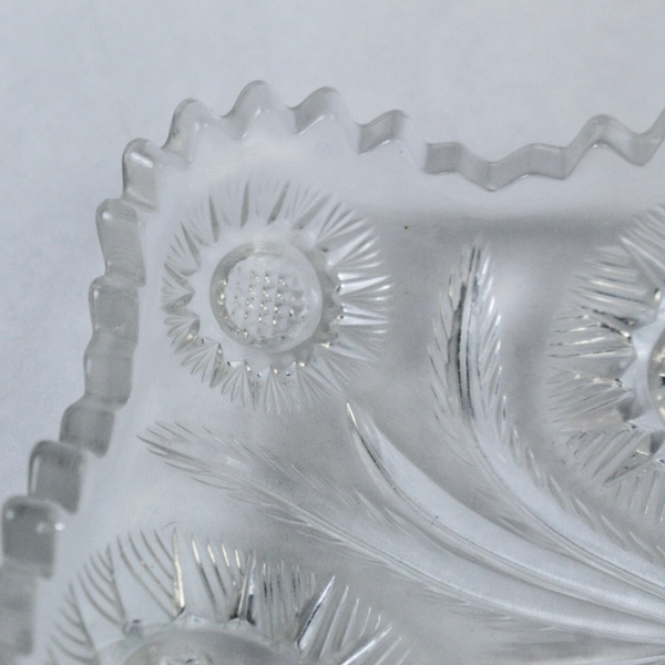 Vintage Square Cut Glass Dish Pinwheel Daisy Pattern Saw Tooth Rim