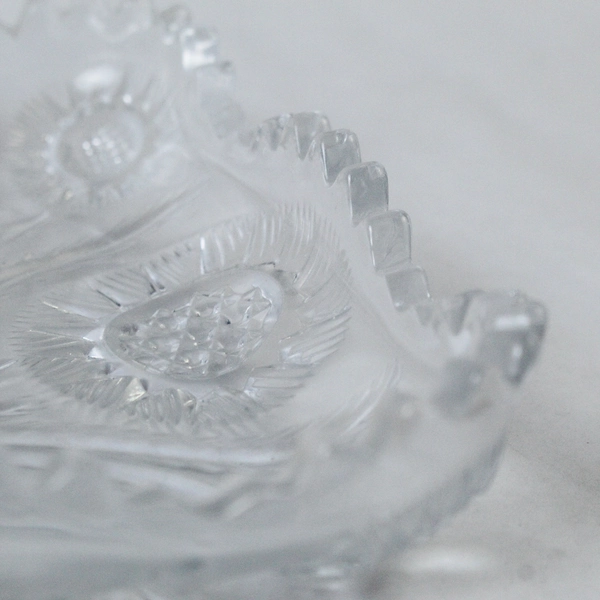 Vintage Square Cut Glass Dish Pinwheel Daisy Pattern Saw Tooth Rim
