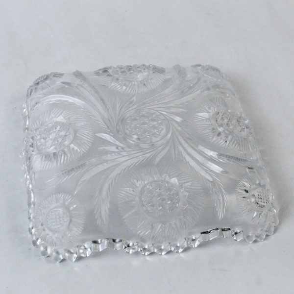 Vintage Square Cut Glass Dish Pinwheel Daisy Pattern Saw Tooth Rim