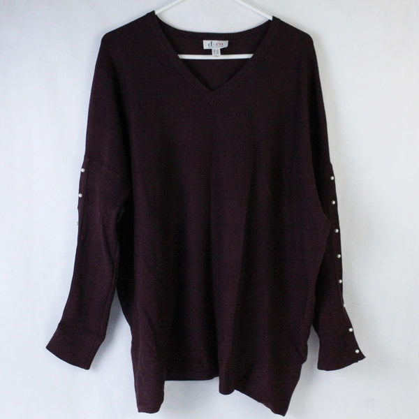 D & Co Sweater Women's Plus Size 1X Burgundy Faux Pearl Accent Long Sleeves