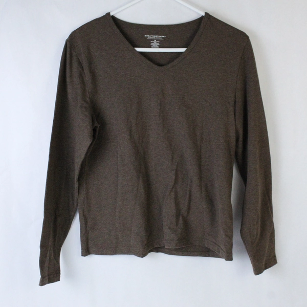 Great Northwest Brown Jersey Knit Long Sleeve Shirt Women's Sz M V Neck Top