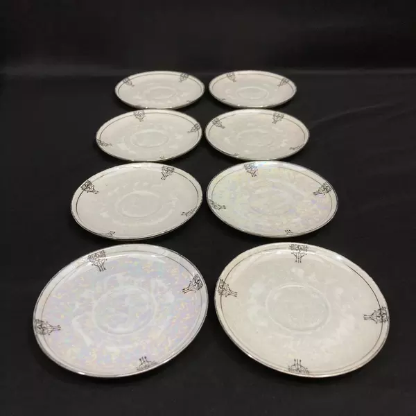 Set Of 8 Rosenthale Saucers Iridescent White Platinum Rim Art Deco Pattern