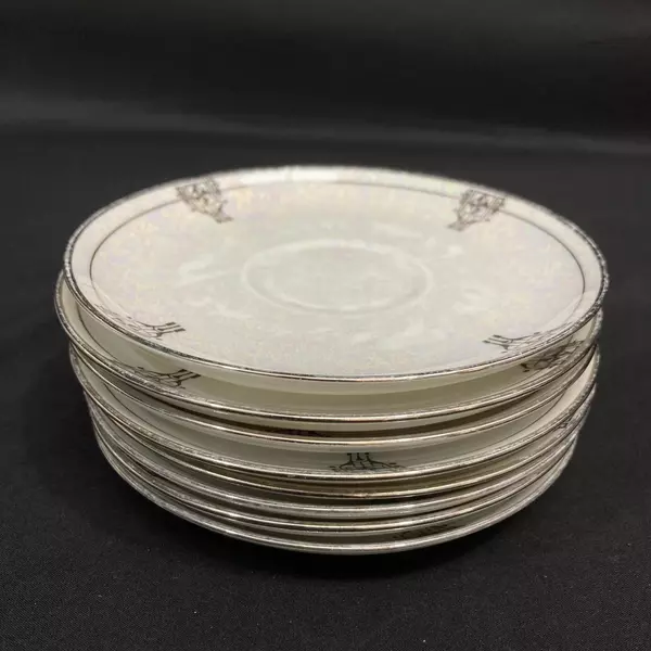 Set Of 8 Rosenthale Saucers Iridescent White Platinum Rim Art Deco Pattern