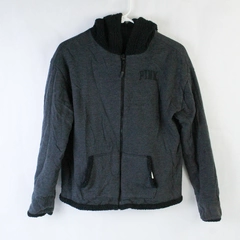 Victoria Secret Pink Reversible Fleece Sweatshirt Jacket Size XS Gray Black Hood
