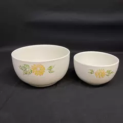 Set of 2 Vintage White Stoneware Mixing Bowls Sunflower Pattern 6 And 8 Inch