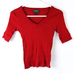 Lauren Ralph Lauren Petite Red Ribbed V Neck Top Shirt Women's Size P/P Cotton