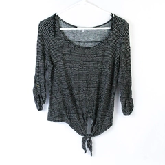 Charlotte Russe Tie Front Crop Top Women's Sz M Black White Striped 3/4 Sleeve