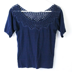 American Eagle Navy Blue Crochet Collar Top Shirt Women's Size S Short Sleeve