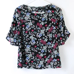 Liz Claiborne Career Petite Tailored Floral Blouse Top Black Women's Size PS  