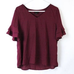 Worthington Burgundy Ruffle Sleeve V-Neck Blouse Top Polyester Size M Women's