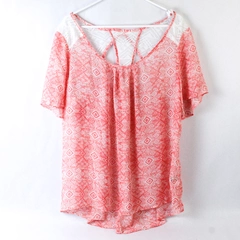 Deb Shops Women's Size 3X Top Blouse Pink White Crochet Cut Out Back