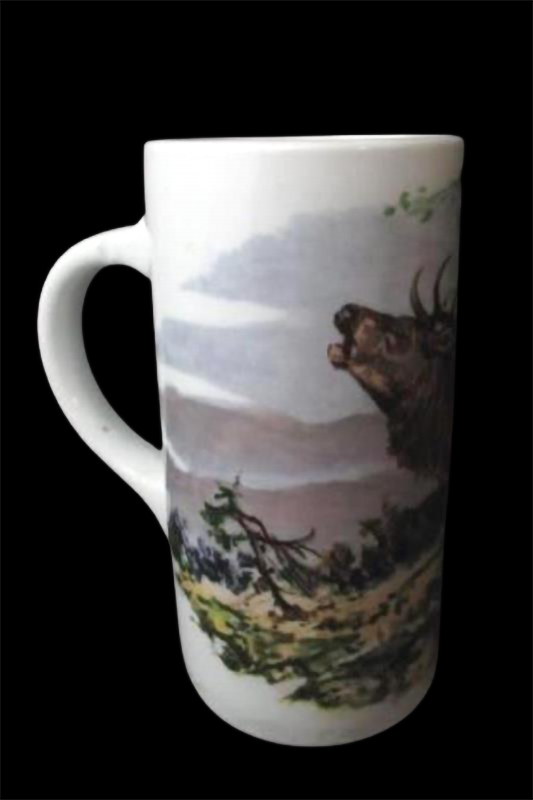 Large White Ceramic Bull Elk Beer Mug 7.25" Tall Outdoor Hunting Woods