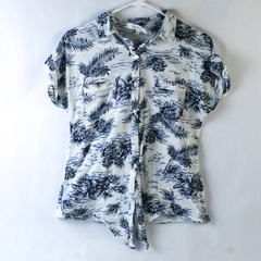 Eden & Olivia Women's White Navy Tropical Pattern Button Up Shirt Size Small S