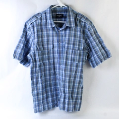 John Blair Men's Large Blue and Gray Plaid Button Up Short Sleeve Shirt