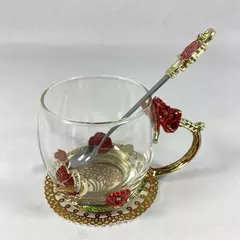 Oeago Gifts Enamel Rose And Butterfly Glass Tea Cup Spoon and Doily Set