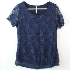 Leo and Nicole Women's Dark Blue Lacy Short Sleeve Blouse Size Small