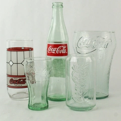 Lot of 5 Vintage Coca Cola Glasses 4 Green 1 Clear Varying Sizes and Styles 