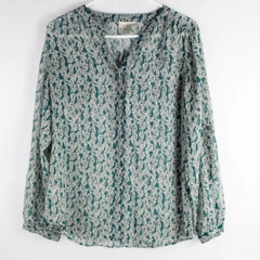 Loft Women's Teal Floral Sheer Long Sleeve Button V Neck Blouse Size Small 