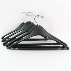 Lot of 5 Black Plastic Curved Hangers with Pants Bar and Wire Hook 16.5 Inches